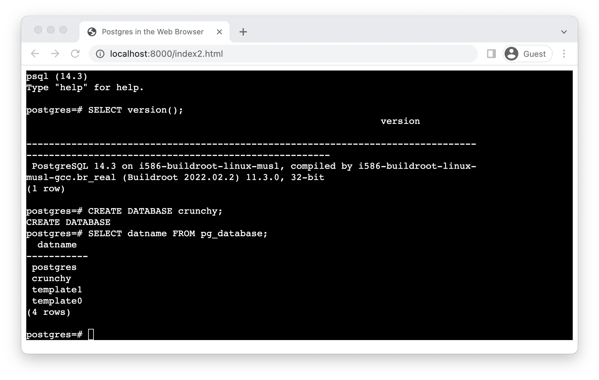 Screenshot of PostgreSQL running in the Chrome web browser